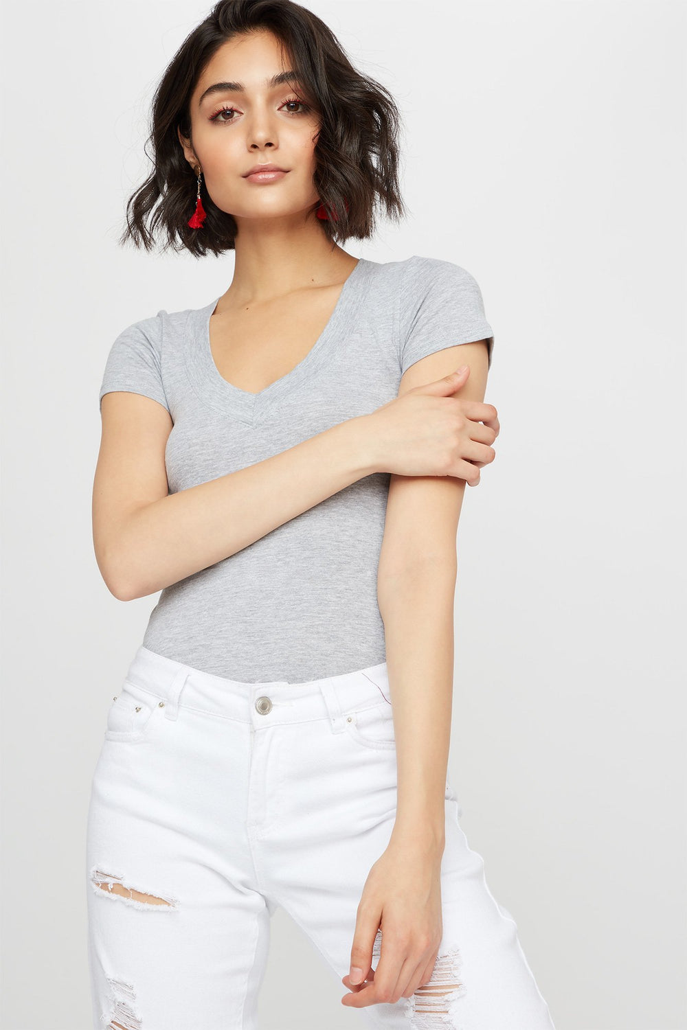 Women Basic V-Neck T-Shirt Heather Grey