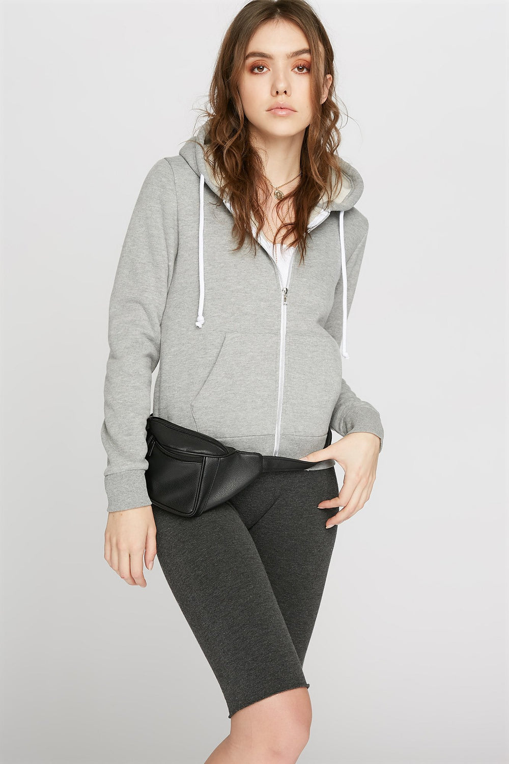 Women Basic Zip-Up Drawstring Hoodie Heather Grey