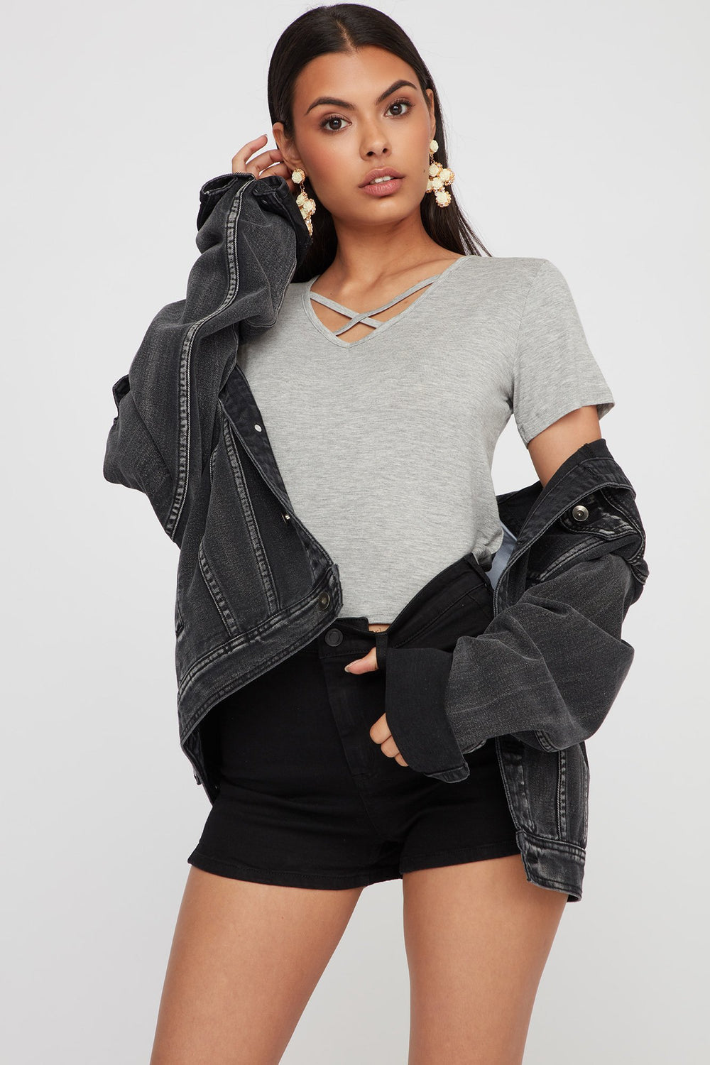 Women Caged-Neck Lightweight Basic T-Shirt Heather Grey