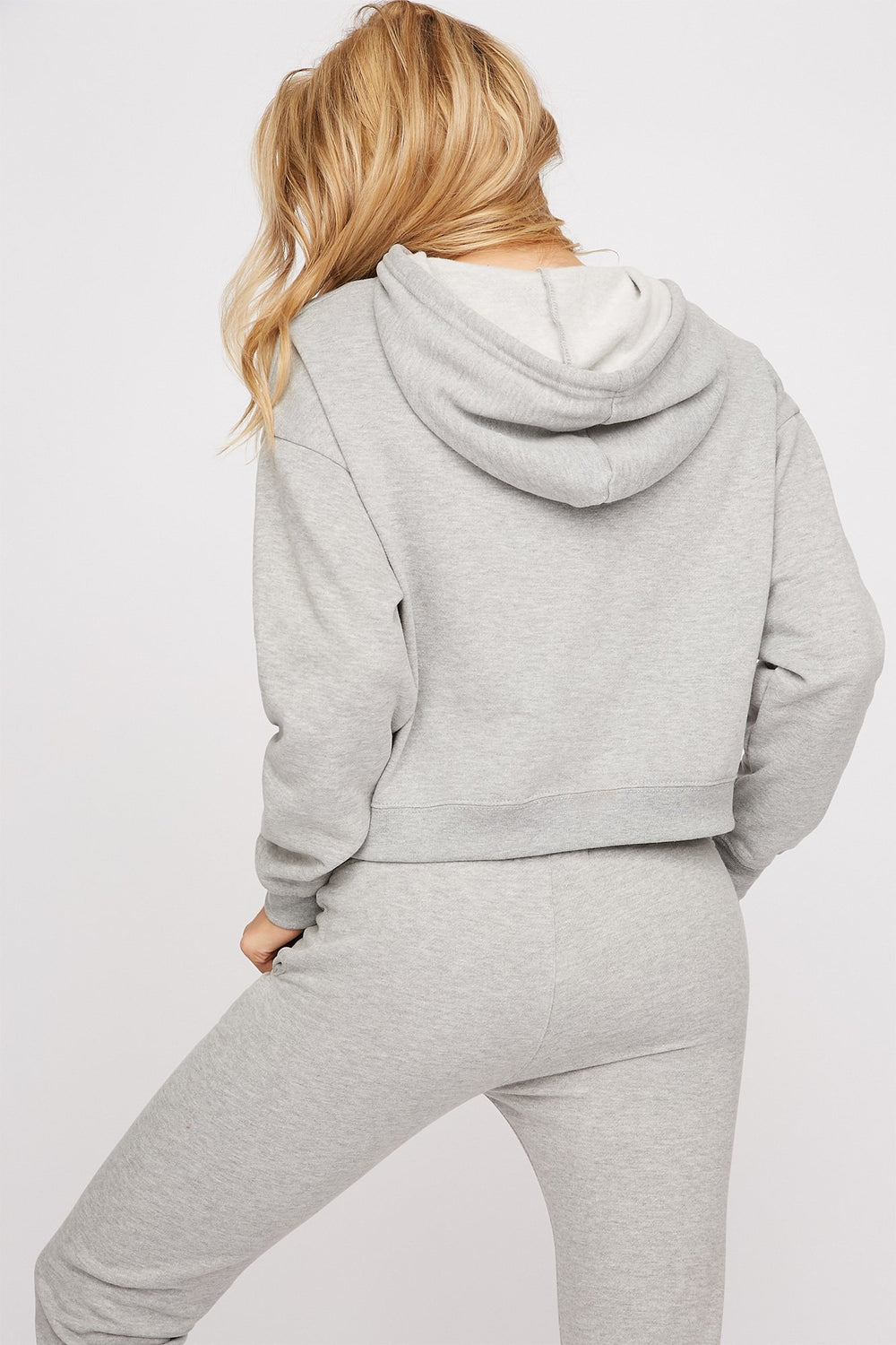 Women Cropped Fleece Popover Drawstring Hoodie Heather Grey