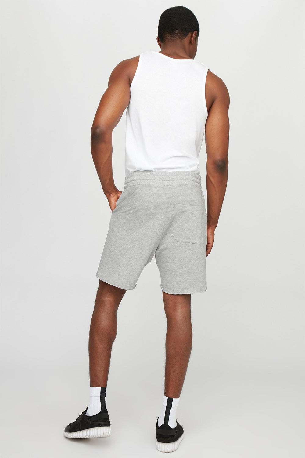 Men Fleece Slim Frayed Hem Drawstring Jogger Short Heather Grey
