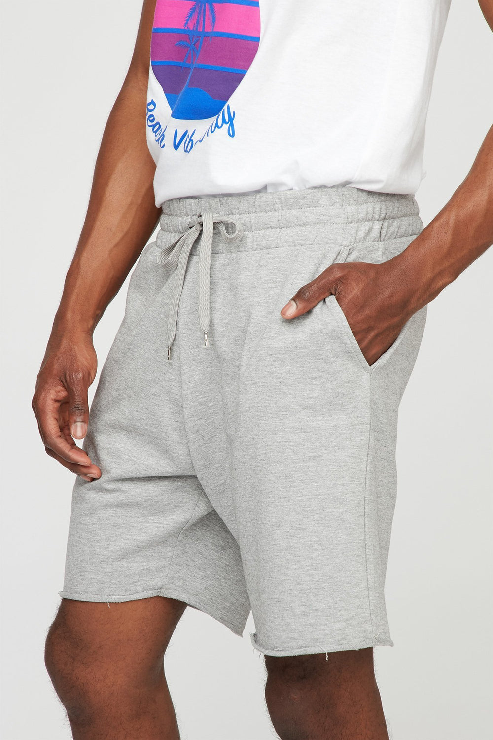 Men Fleece Slim Frayed Hem Drawstring Jogger Short Heather Grey