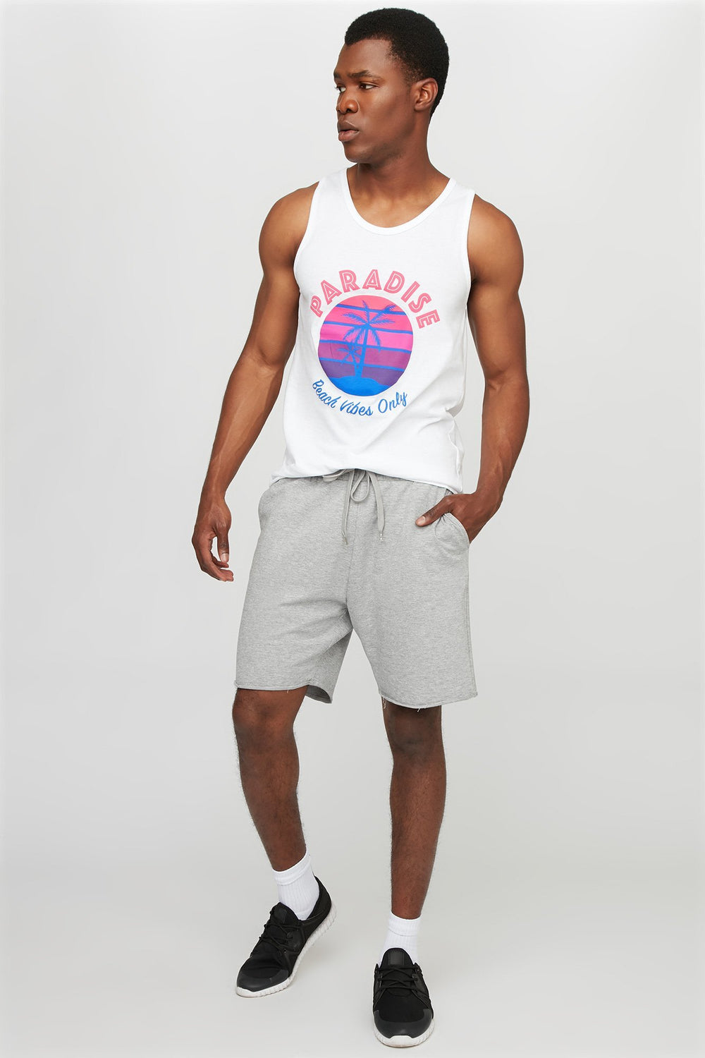 Men Fleece Slim Frayed Hem Drawstring Jogger Short Heather Grey