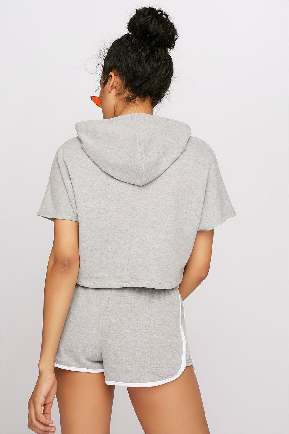 Women Graphic Cropped Drawstring Popover Hoodie Heather Grey