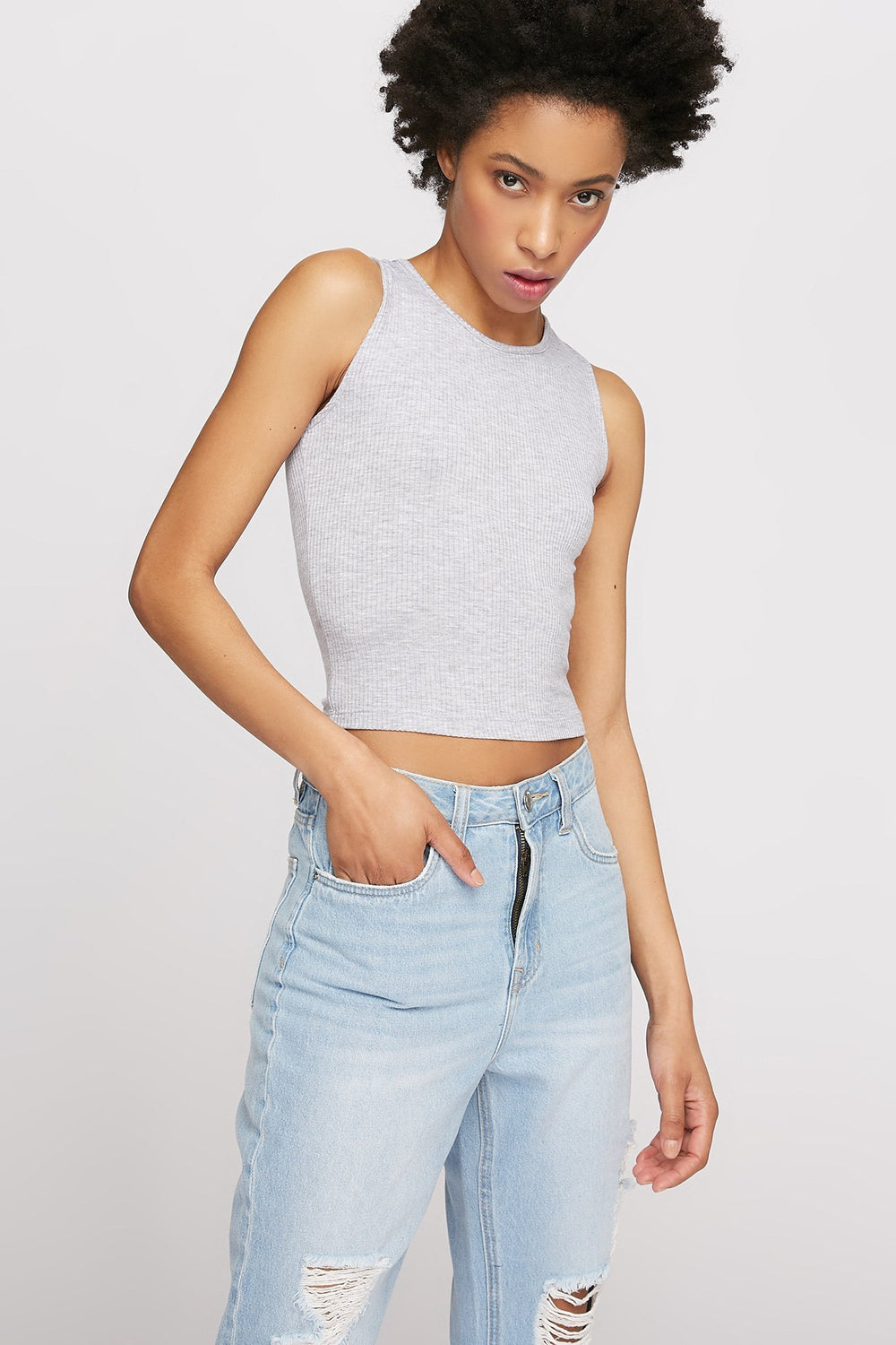 Women Lace-Up Back Ribbed Cropped Tank Heather Grey