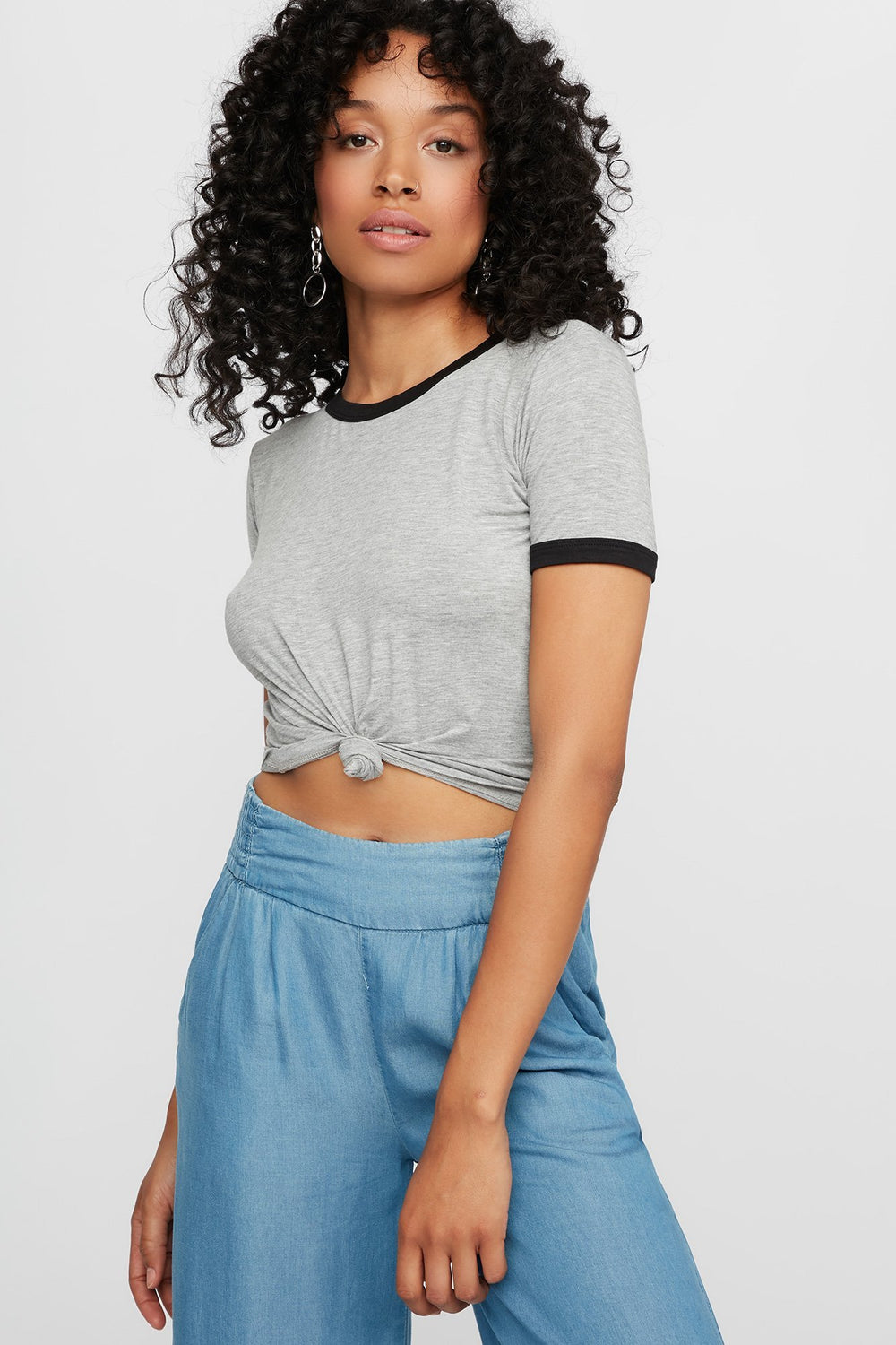 Women Lightweight Coloured Ringer T-Shirt Heather Grey
