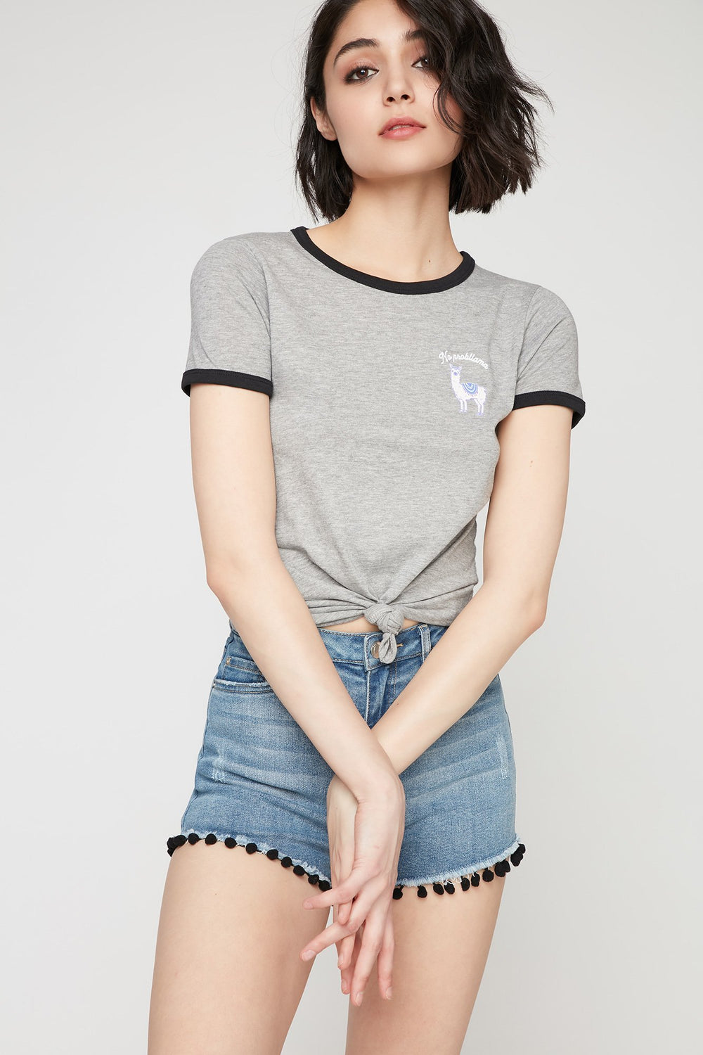 Women No Probllama Ringer Graphic T-Shirt Heather Grey