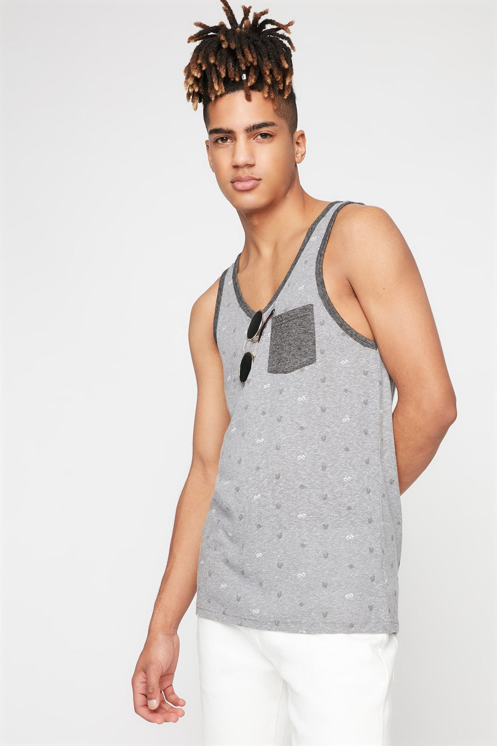 Men Printed Contrast Trim Pocket Tank Heather Grey