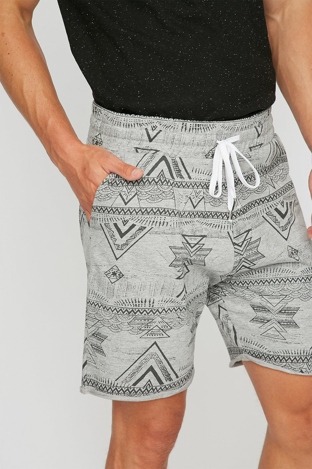 Men Printed Fleece Drawstring Jogger Short Heather Grey