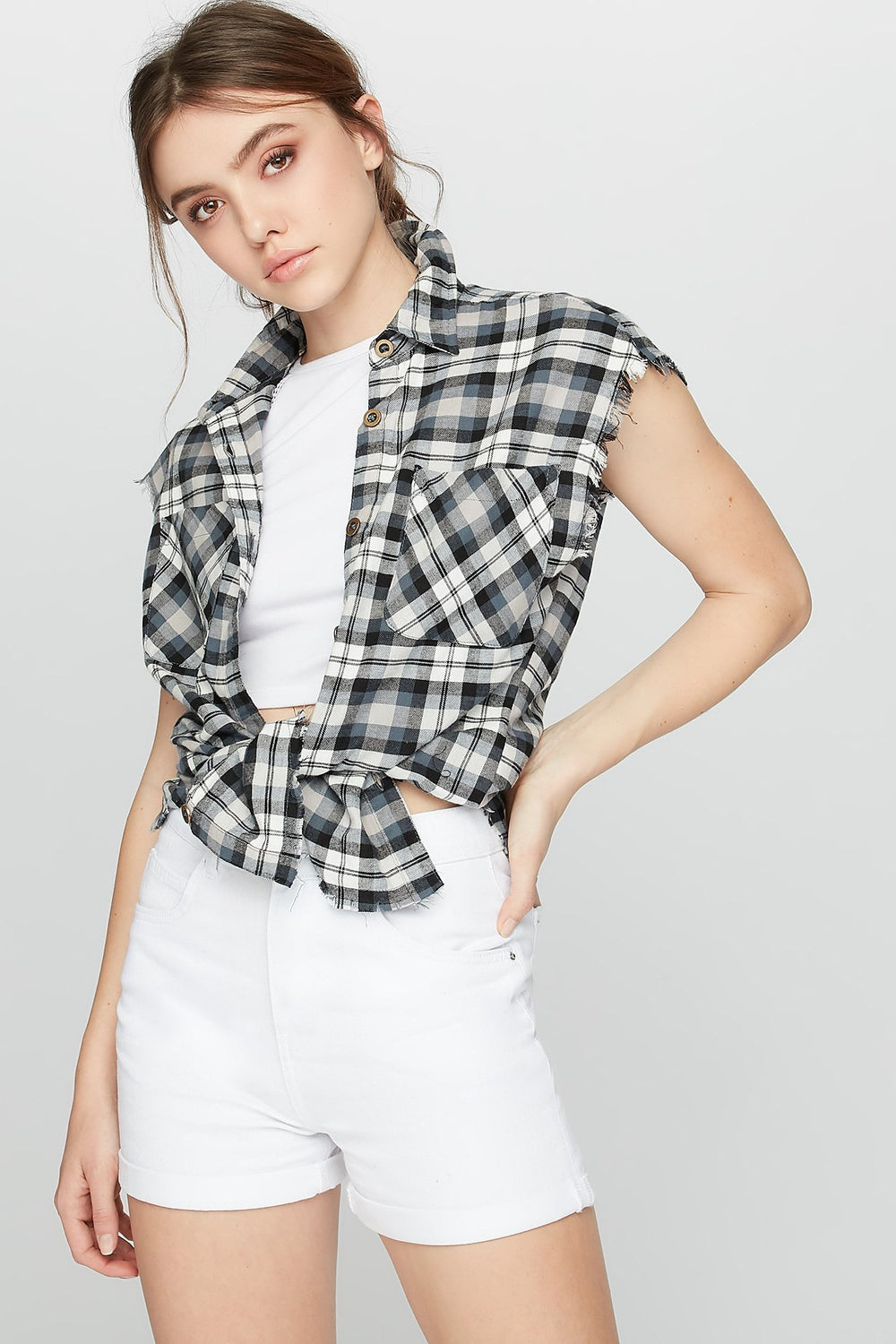 Women Raw Edge Sleeveless Plaid Button-Up Shirt Heather Grey
