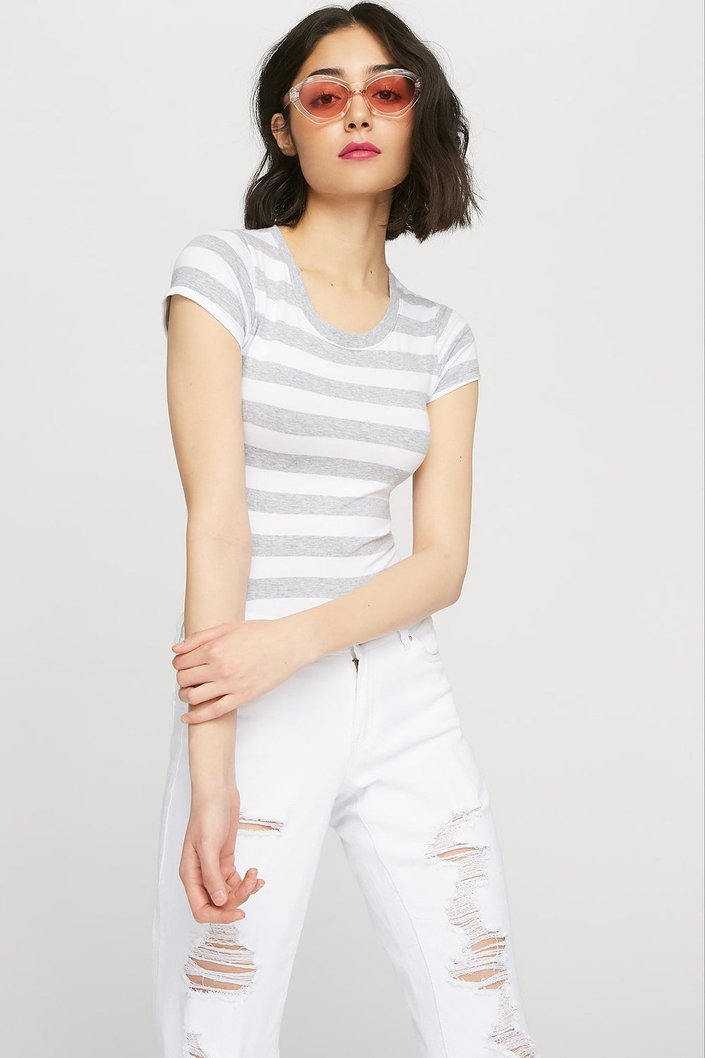 women Striped Scoop Neck T-Shirt Heather Grey