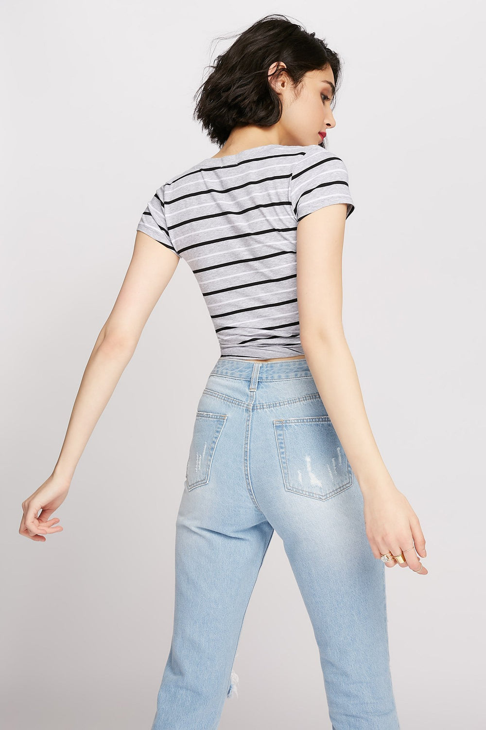 Women Striped V-Neck T-Shirt Heather Grey