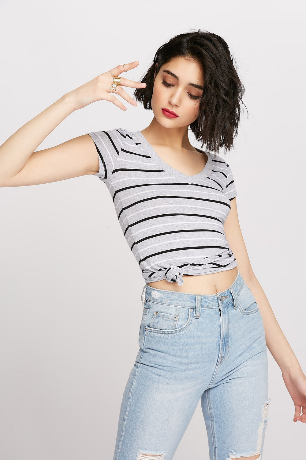 Women Striped V-Neck T-Shirt Heather Grey