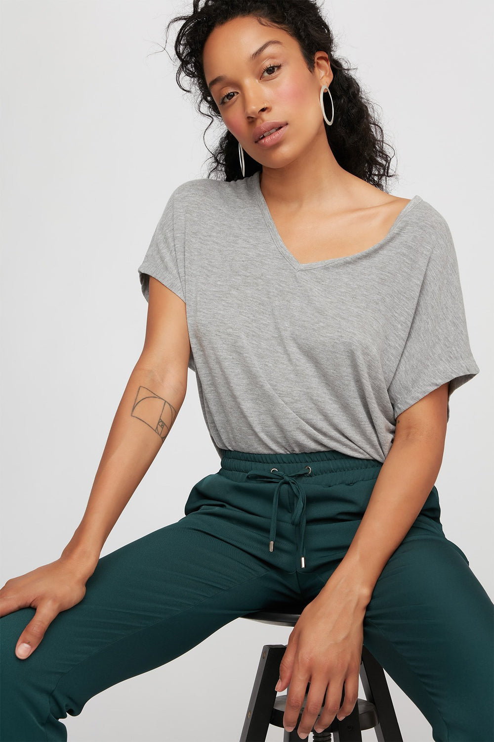Women V-Neck  Basic Dolman T-Shirt Heather Grey