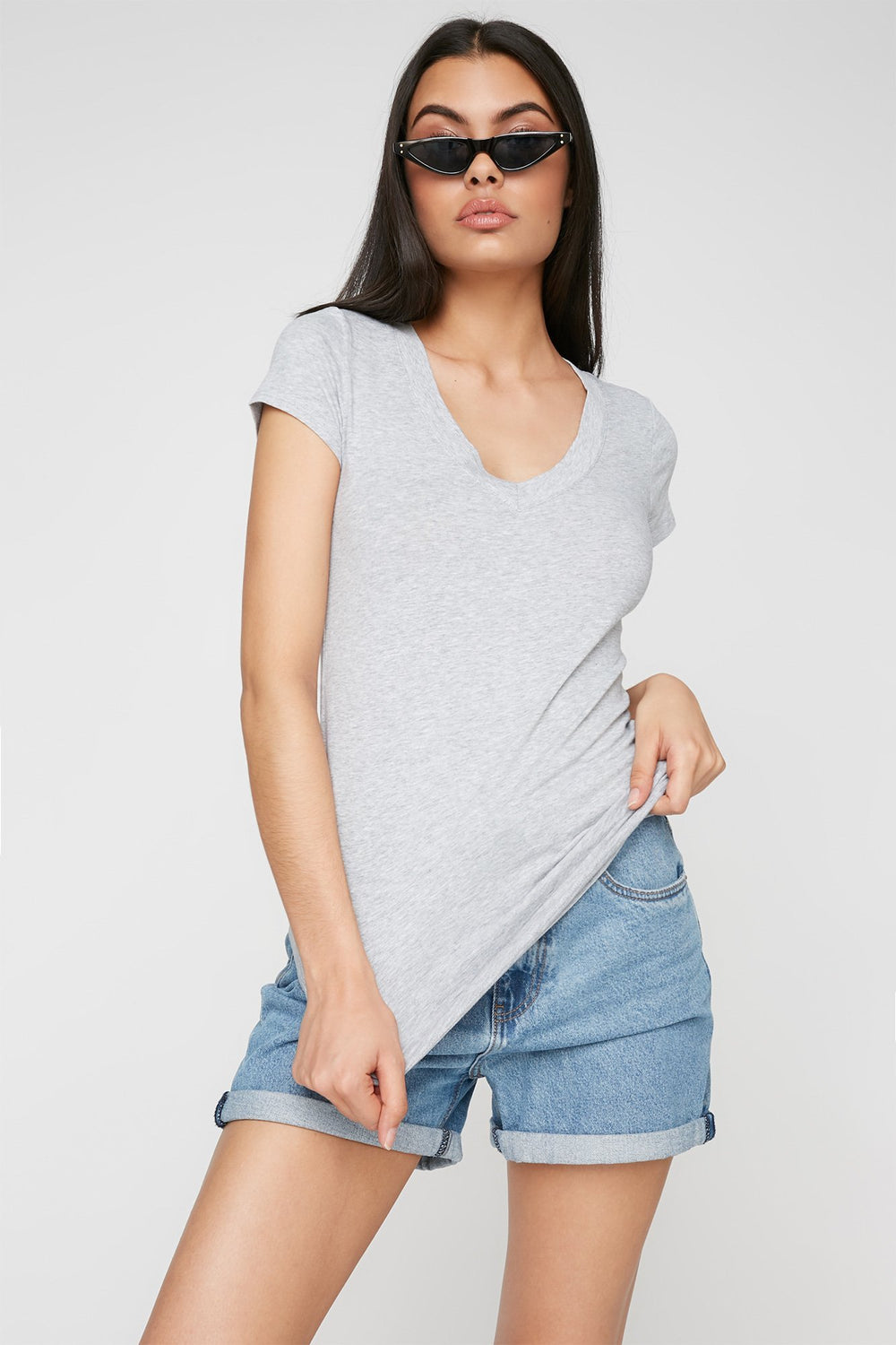Women V-Neck Basic T-Shirt Heather Grey