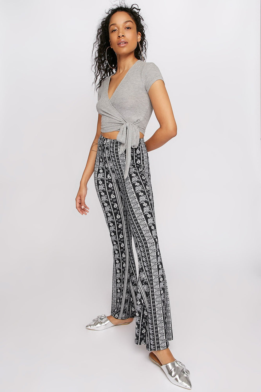 Women V-Neck Ribbed Self-Tie Cropped T-Shirt Heather Grey