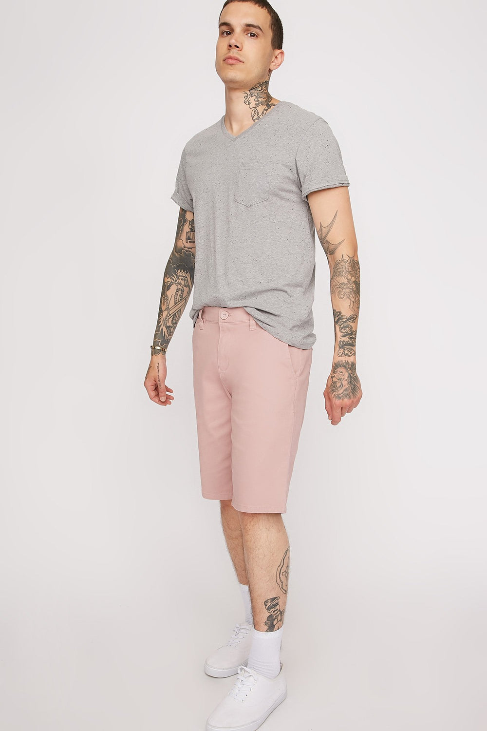 Men V-Neck Space Dye Pocket T-Shirt Heather Grey