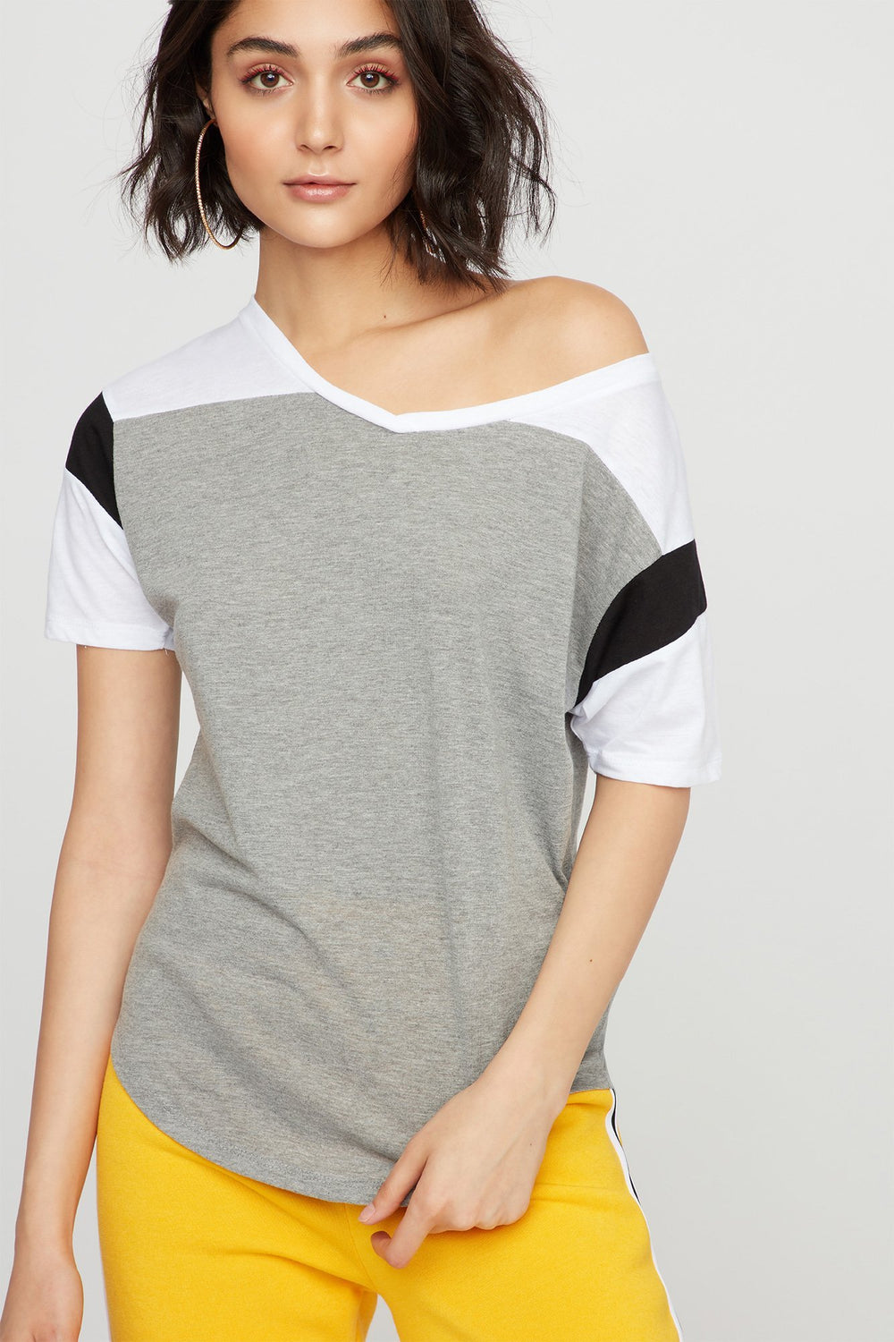 Women V-Neck Varsity Striped Colour Block T-Shirt Heather Grey