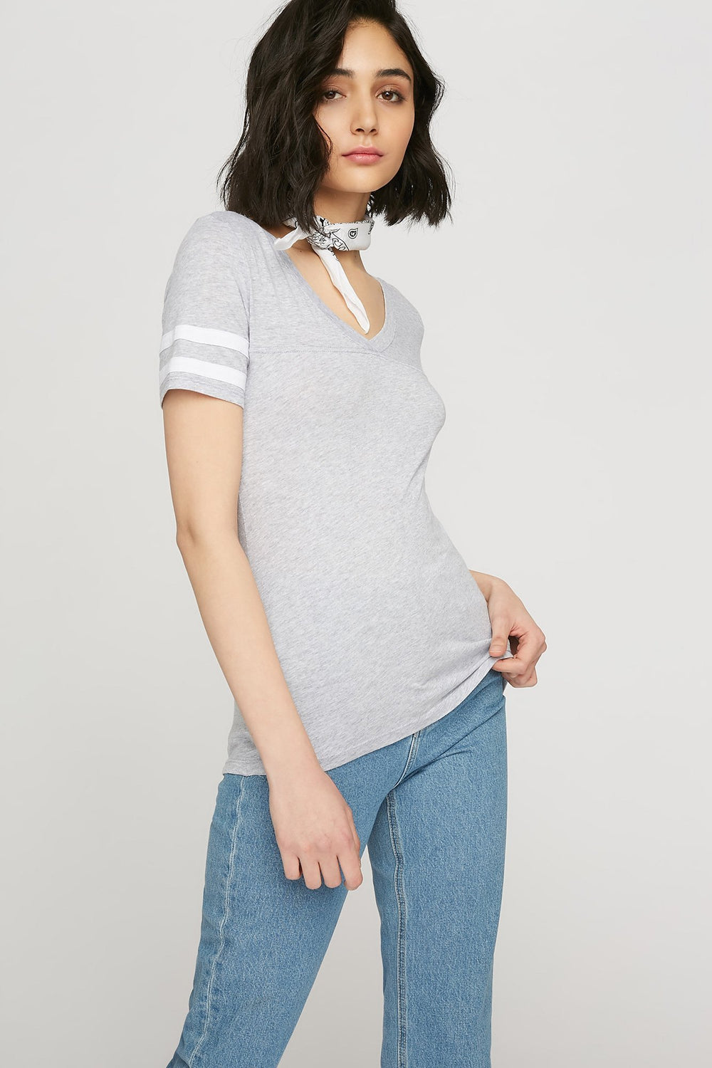 women V-Neck Varsity Striped T-Shirt Heather Grey