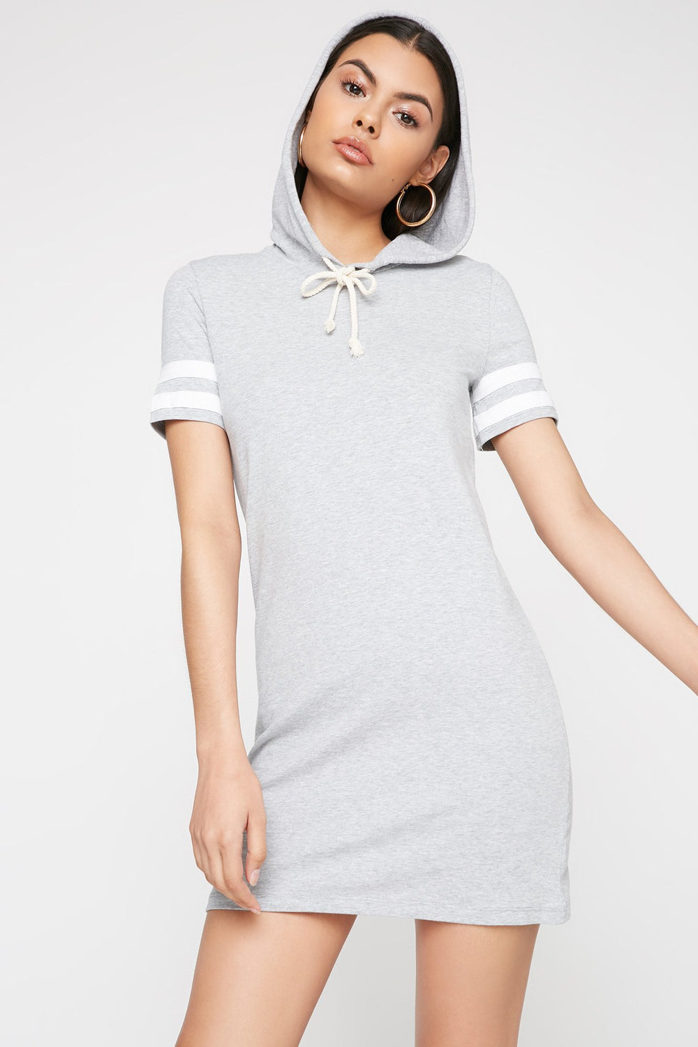 Women Varsity Striped Hooded Drawstring T-Shirt Dress Heather Grey