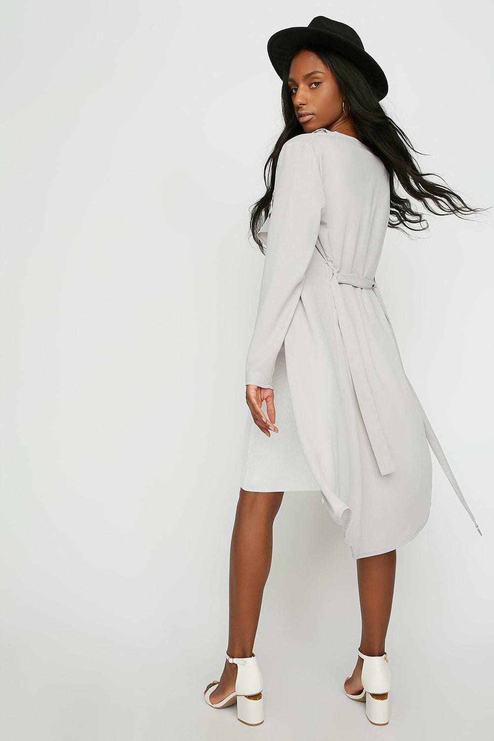 Women Waterfall Belted Self-Tie Blazer Heather Grey
