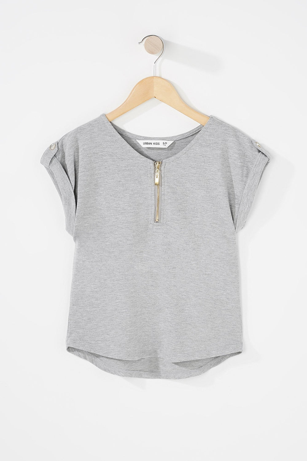 Kids Girls Half-Zip Roll-Tab T-Shirt Heather Grey