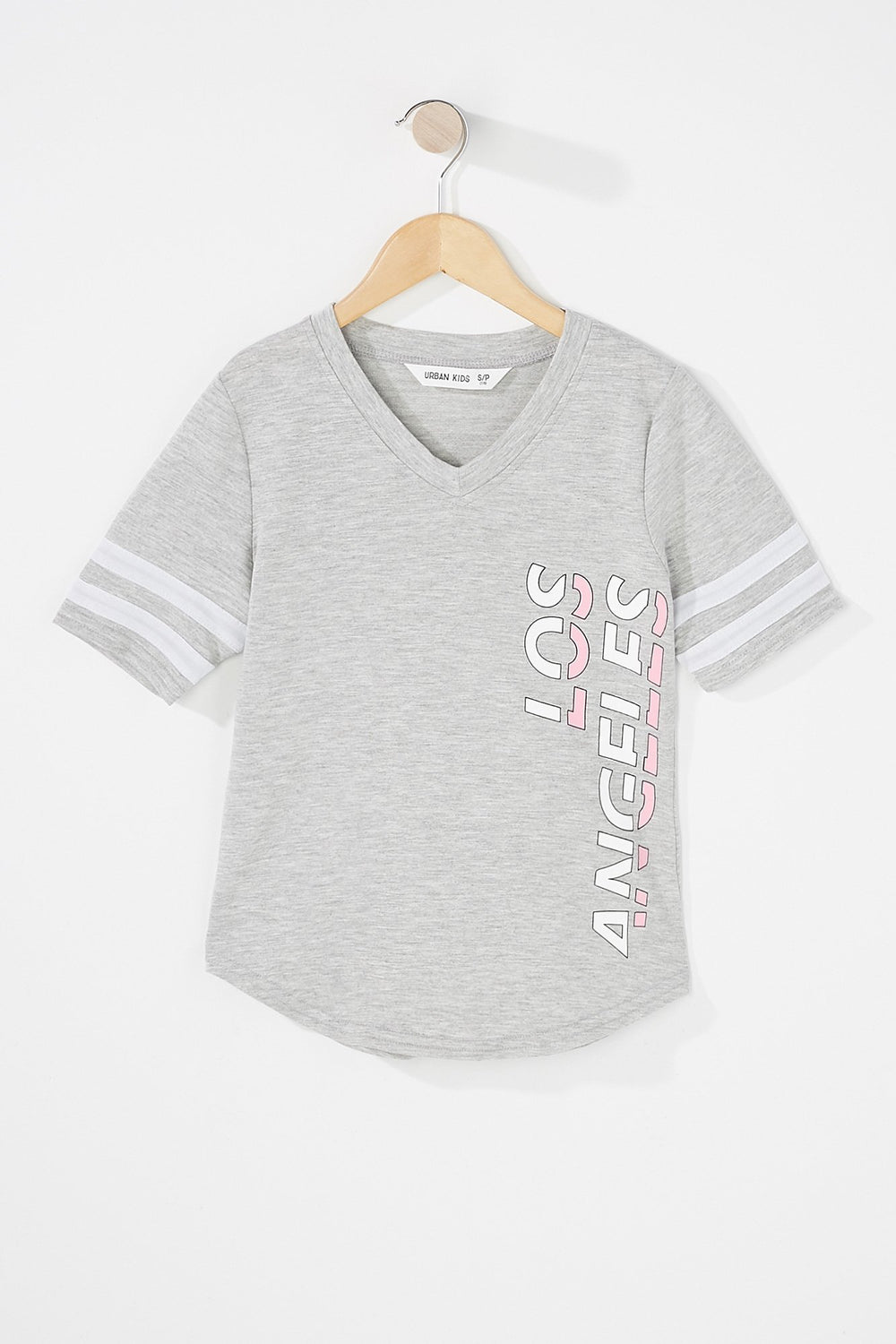 Kids Girls V-Neck Varsity Striped Graphic T-Shirt Heather Grey