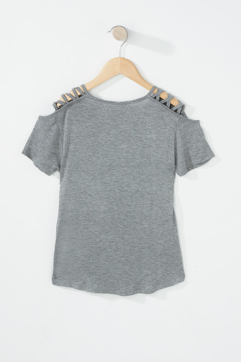 Kids Girls V-Neck Zipper Pocket Caged T-Shirt Heather Grey