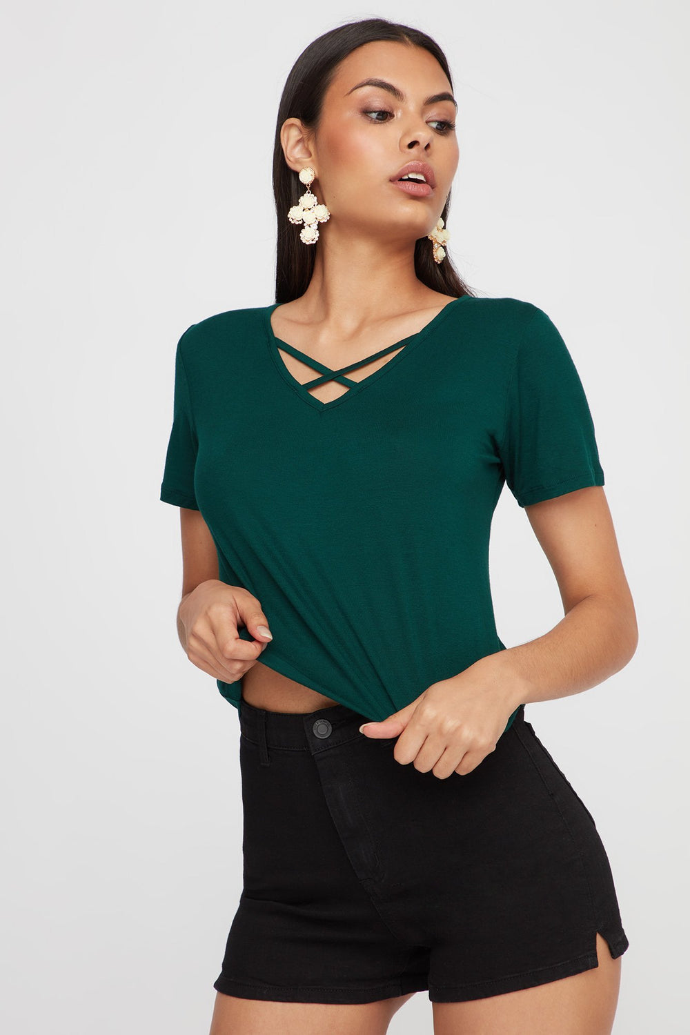 Women Caged-Neck Lightweight Basic T-Shirt Hunter Green