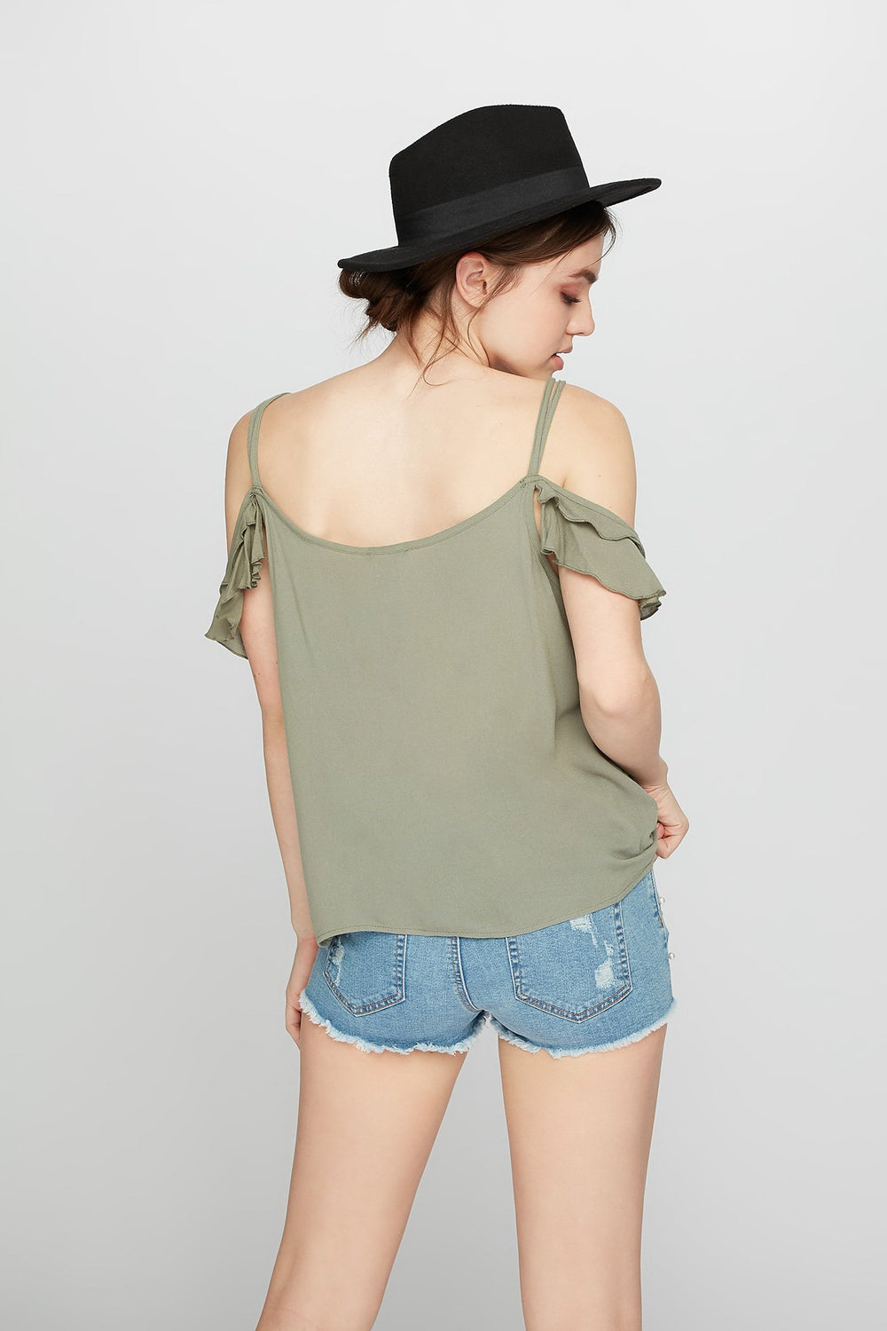 Women Cold Shoulder Caged Ruffle T-Shirt Hunter Green