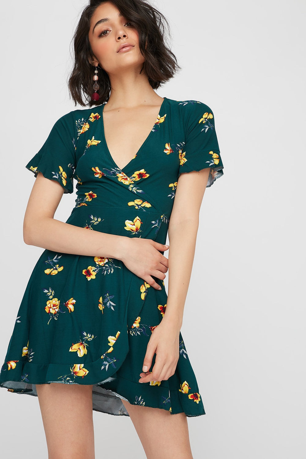Women Faux-Wrap Floral Printed Ruffle Dress Hunter Green