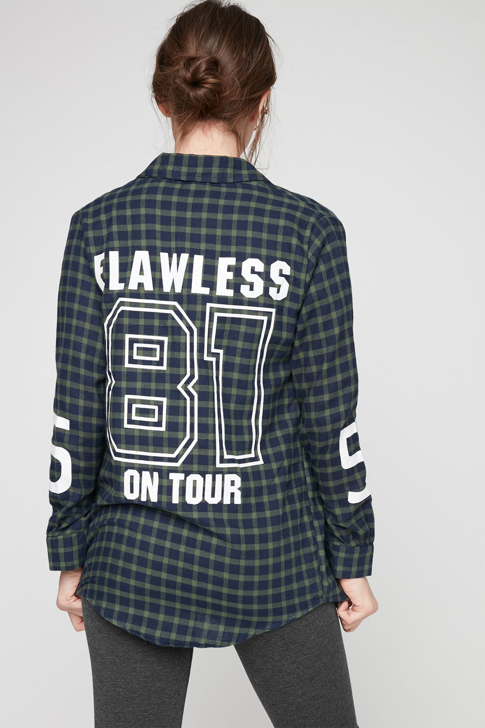 Women Graphic Print Plaid Button-Up Shirt Hunter Green
