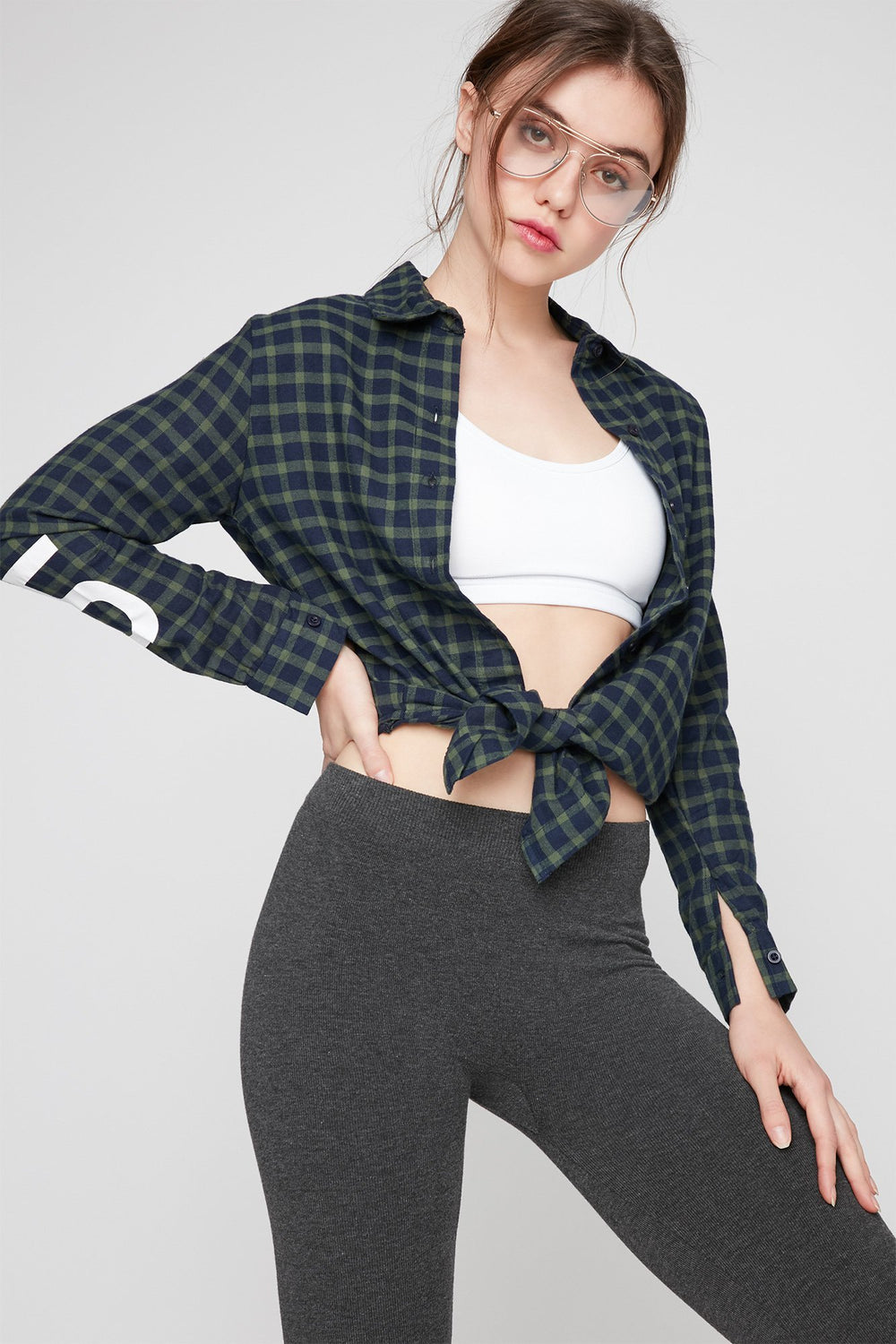 Women Graphic Print Plaid Button-Up Shirt Hunter Green
