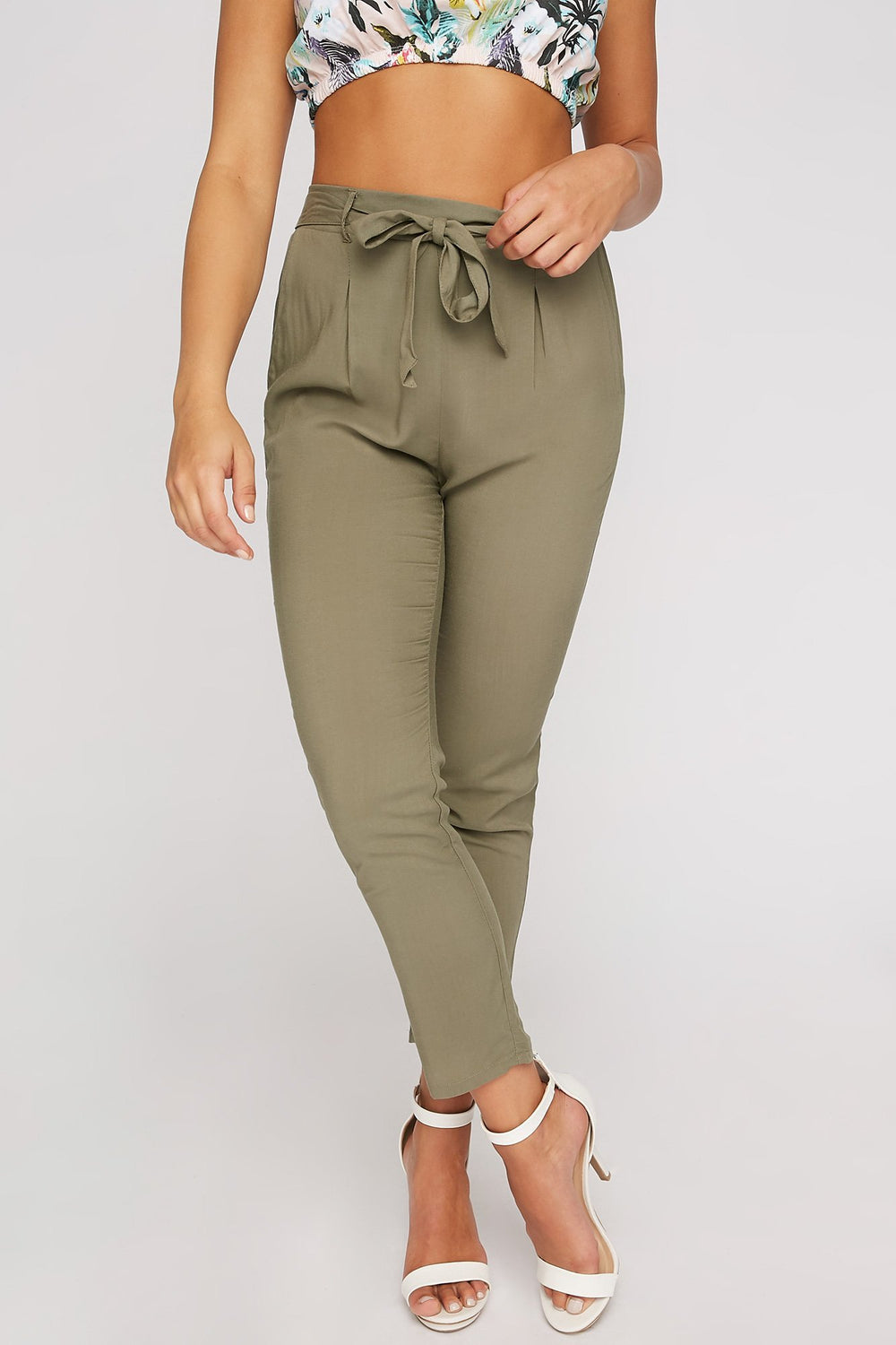 Women High-Rise Belted Self-Tie Pant Hunter Green