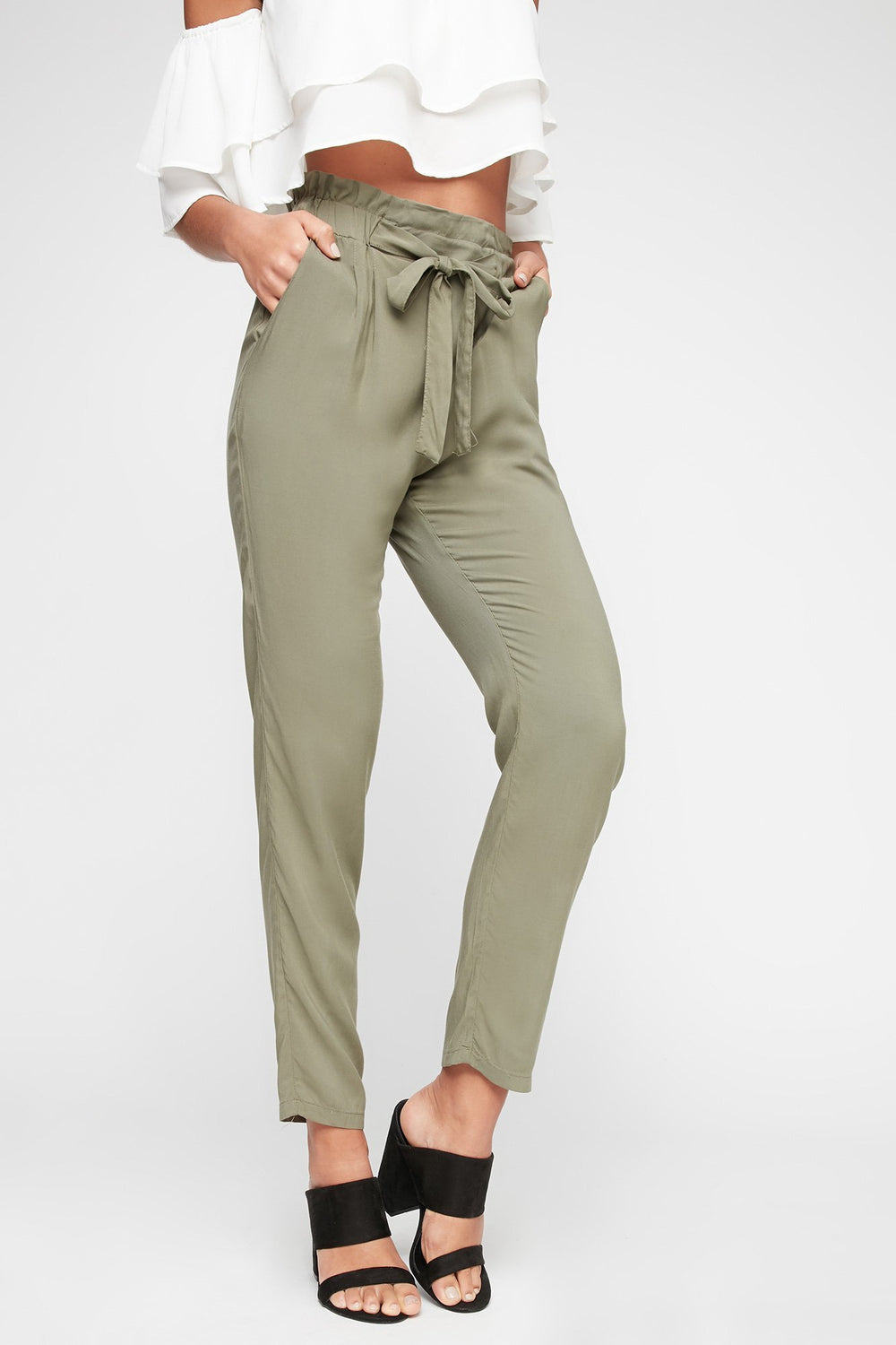 Women High-Rise Self-Tie Paperbag Pant Hunter Green