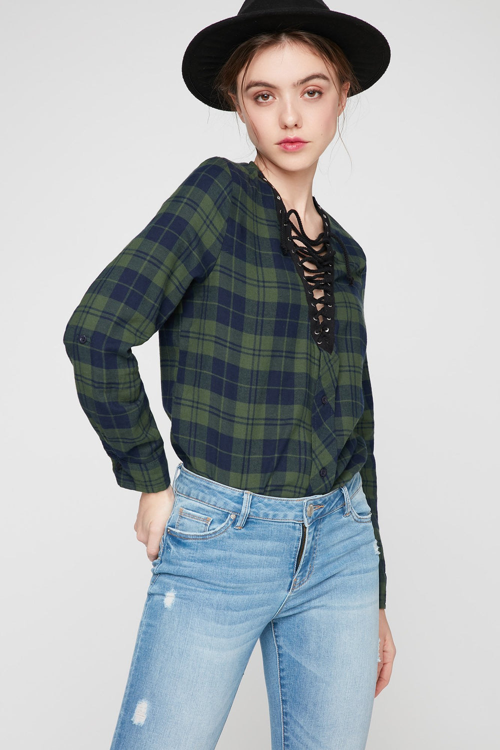 Women Lace-Up Front Plaid Button-Up Blouse Hunter Green