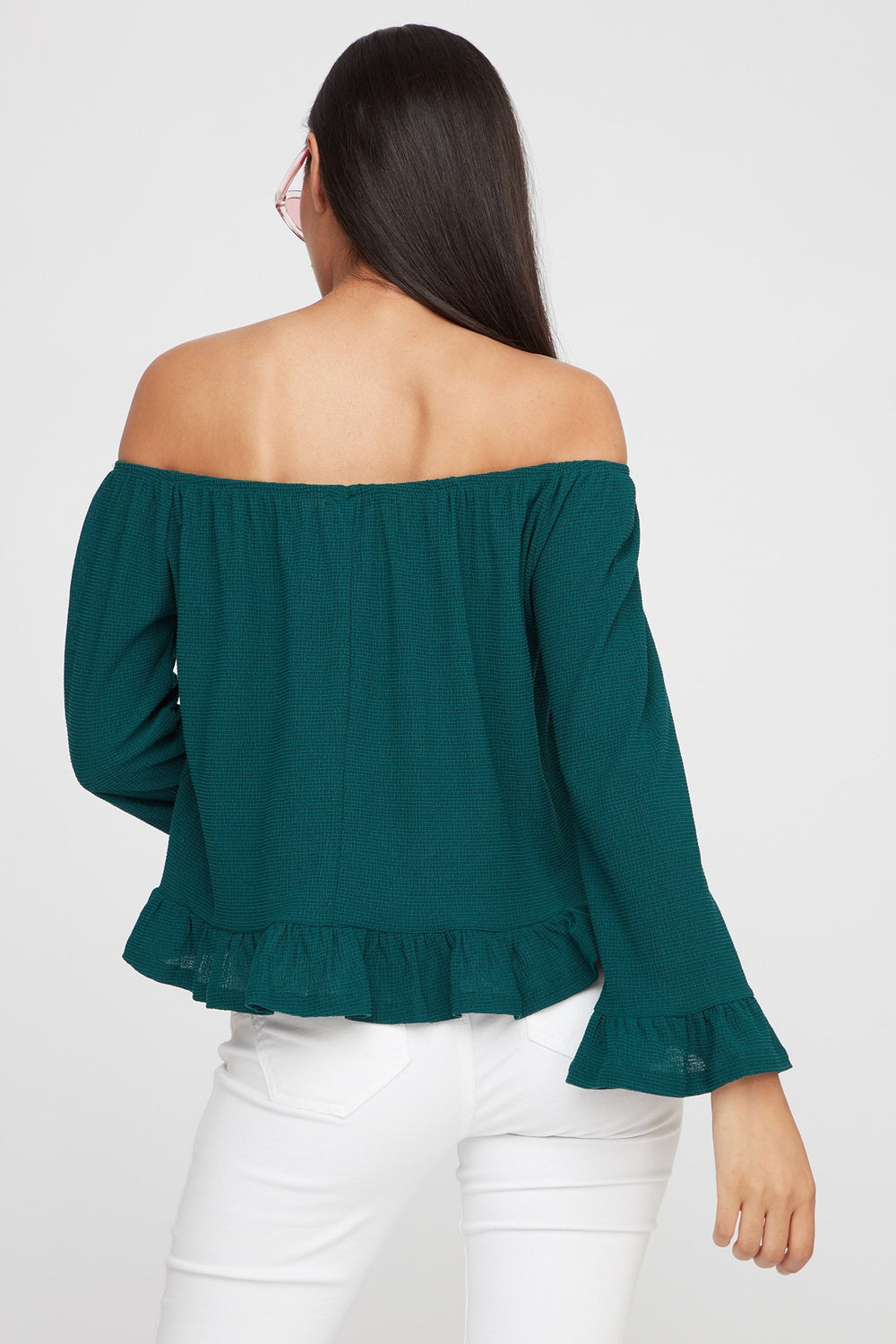 Women Off The Shoulder Ruffle Bell Sleeve Peplum Blouse Hunter Green