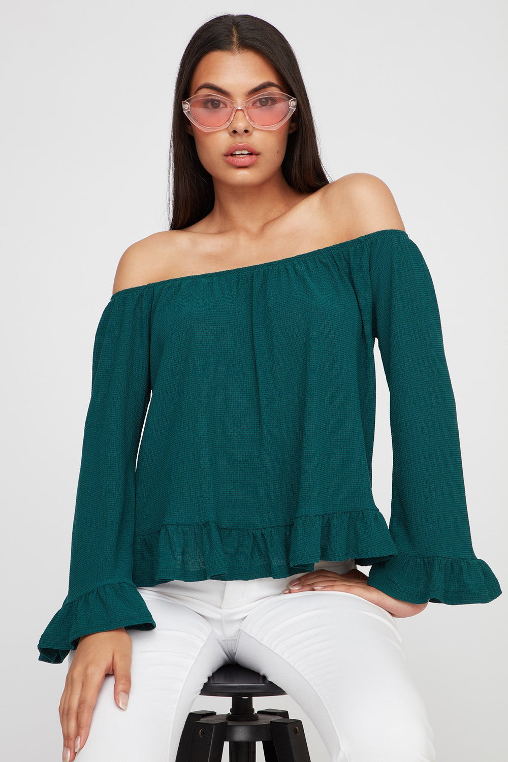 Women Off The Shoulder Ruffle Bell Sleeve Peplum Blouse Hunter Green