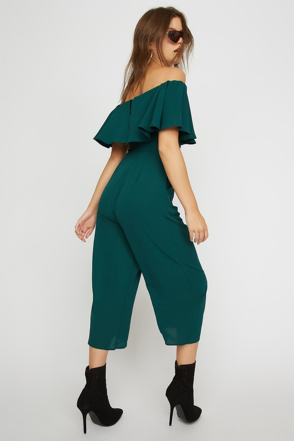 Women Off The Shoulder Ruffle Culotte Jumpsuit Hunter Green