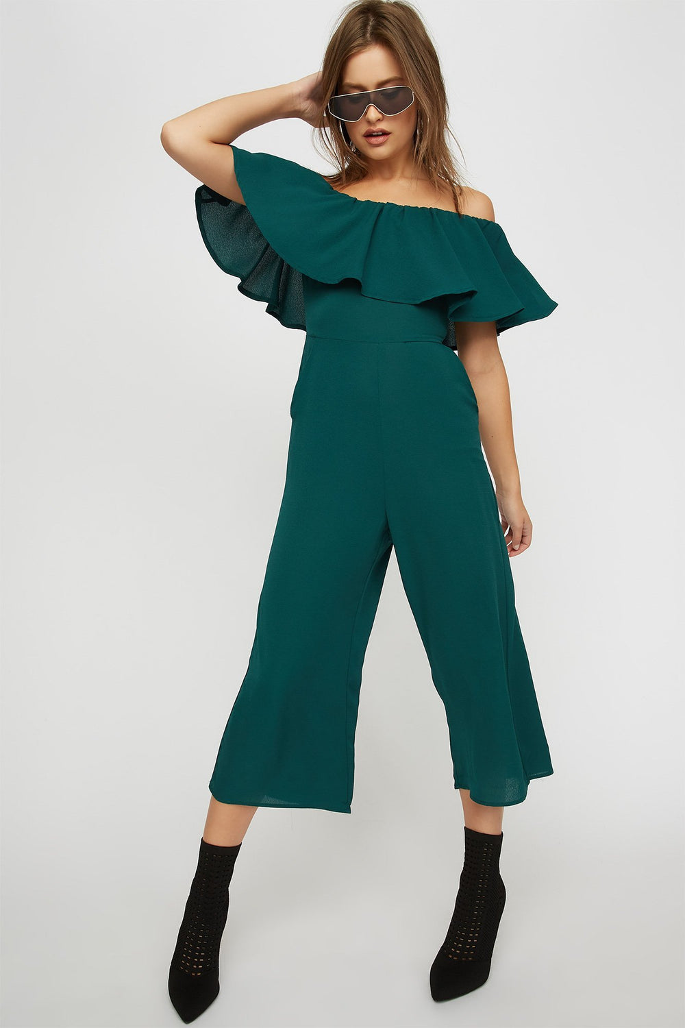 Women Off The Shoulder Ruffle Culotte Jumpsuit Hunter Green