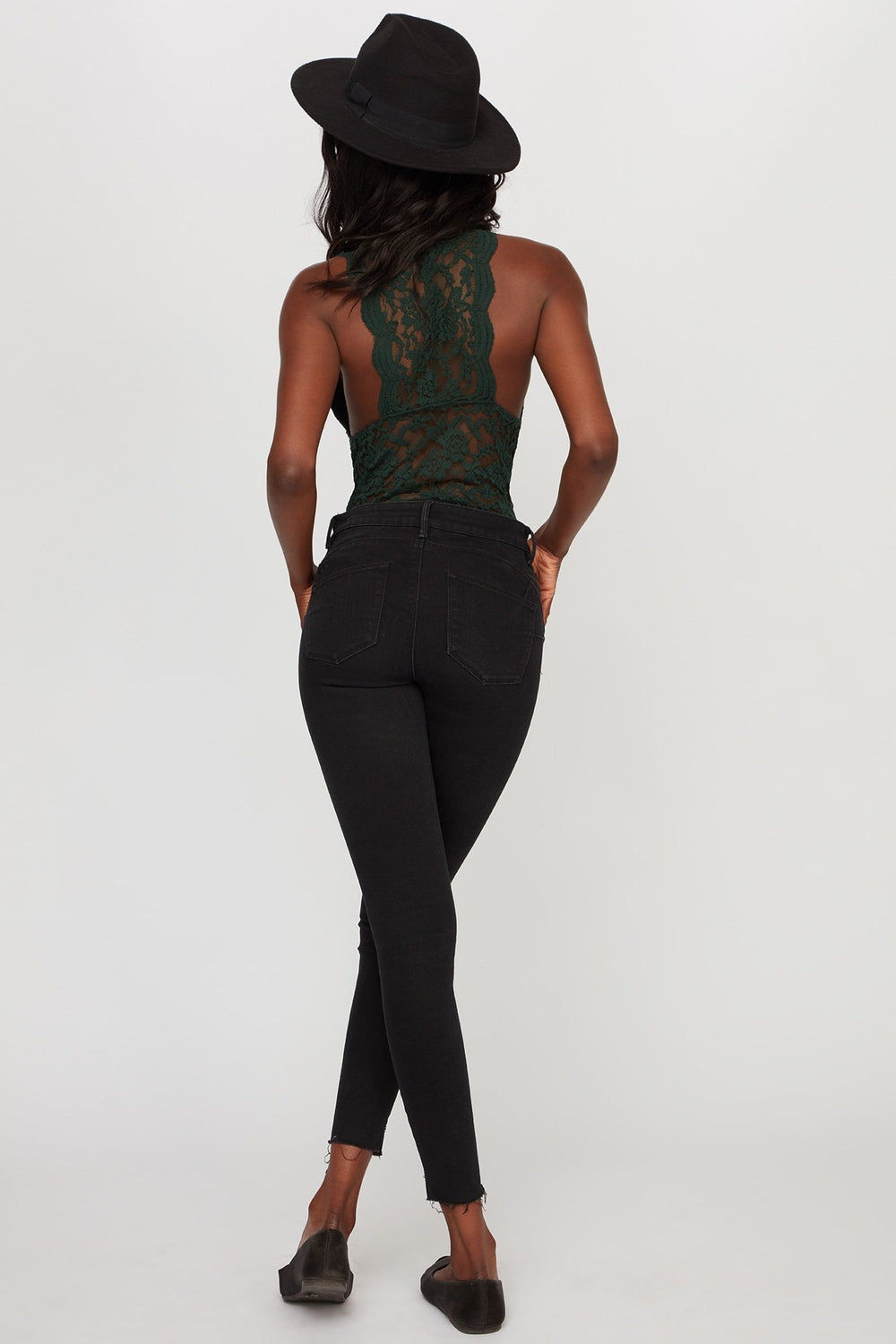 Women Plunging V-Neck Crochet Lace Bodysuit Hunter Green