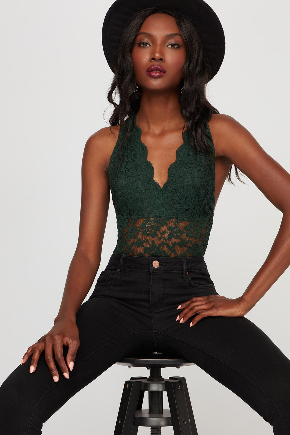 Women Plunging V-Neck Crochet Lace Bodysuit Hunter Green