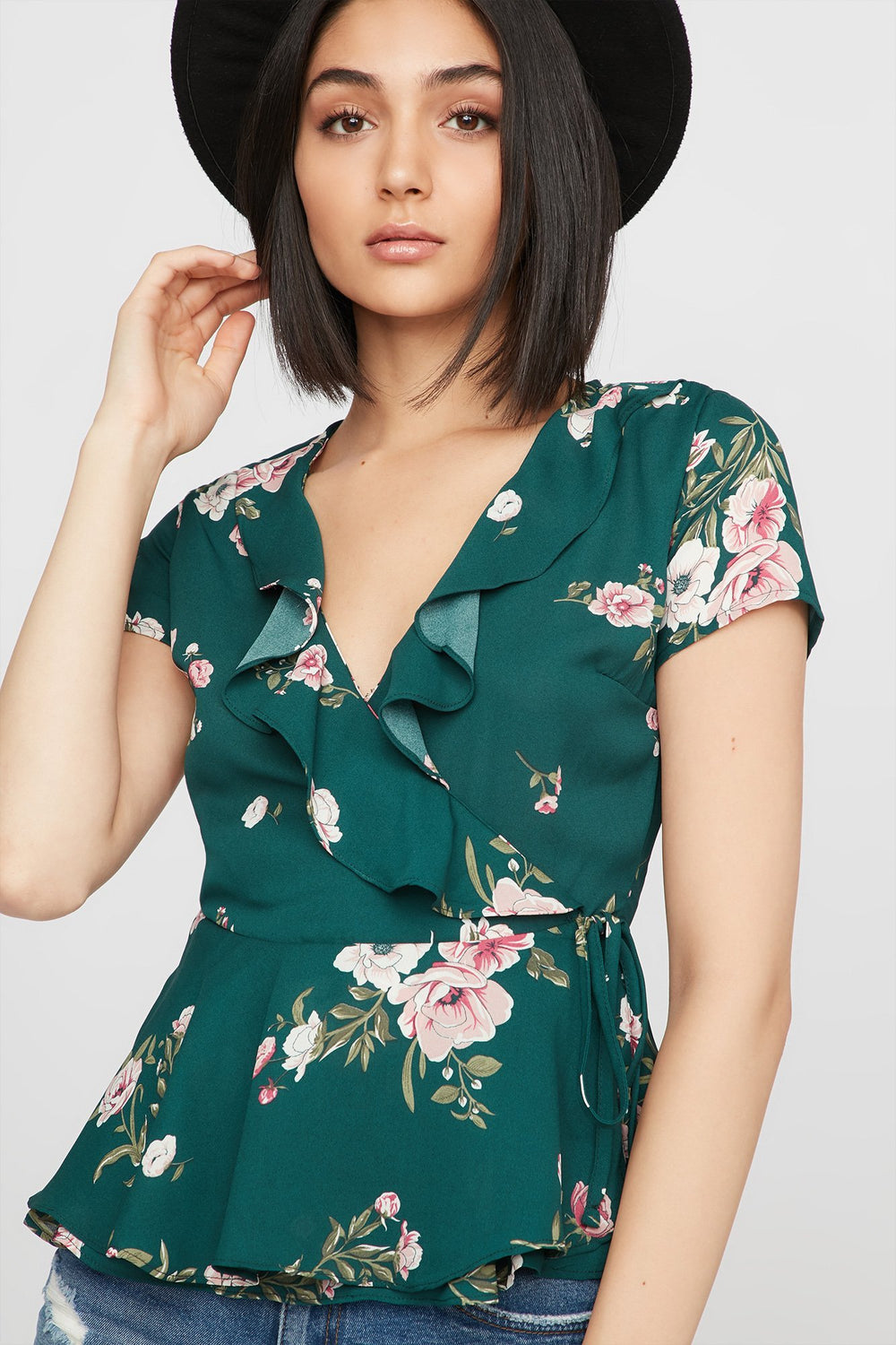 Women Ruffle Floral Wrap Blouse Hunter Green