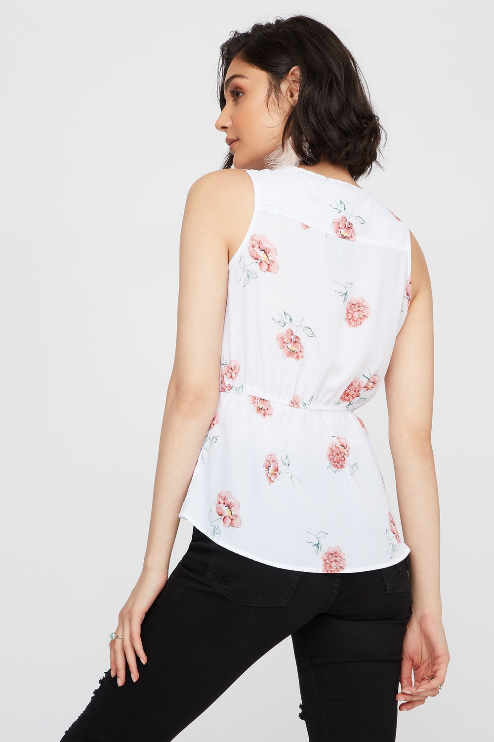 Women Blouse fleurie à taille coulissante et demi-fermeture à glissière Ivoire