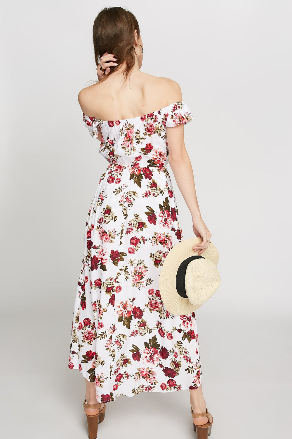 Women Combi-short fleuri à épaules dénudées Ivoire