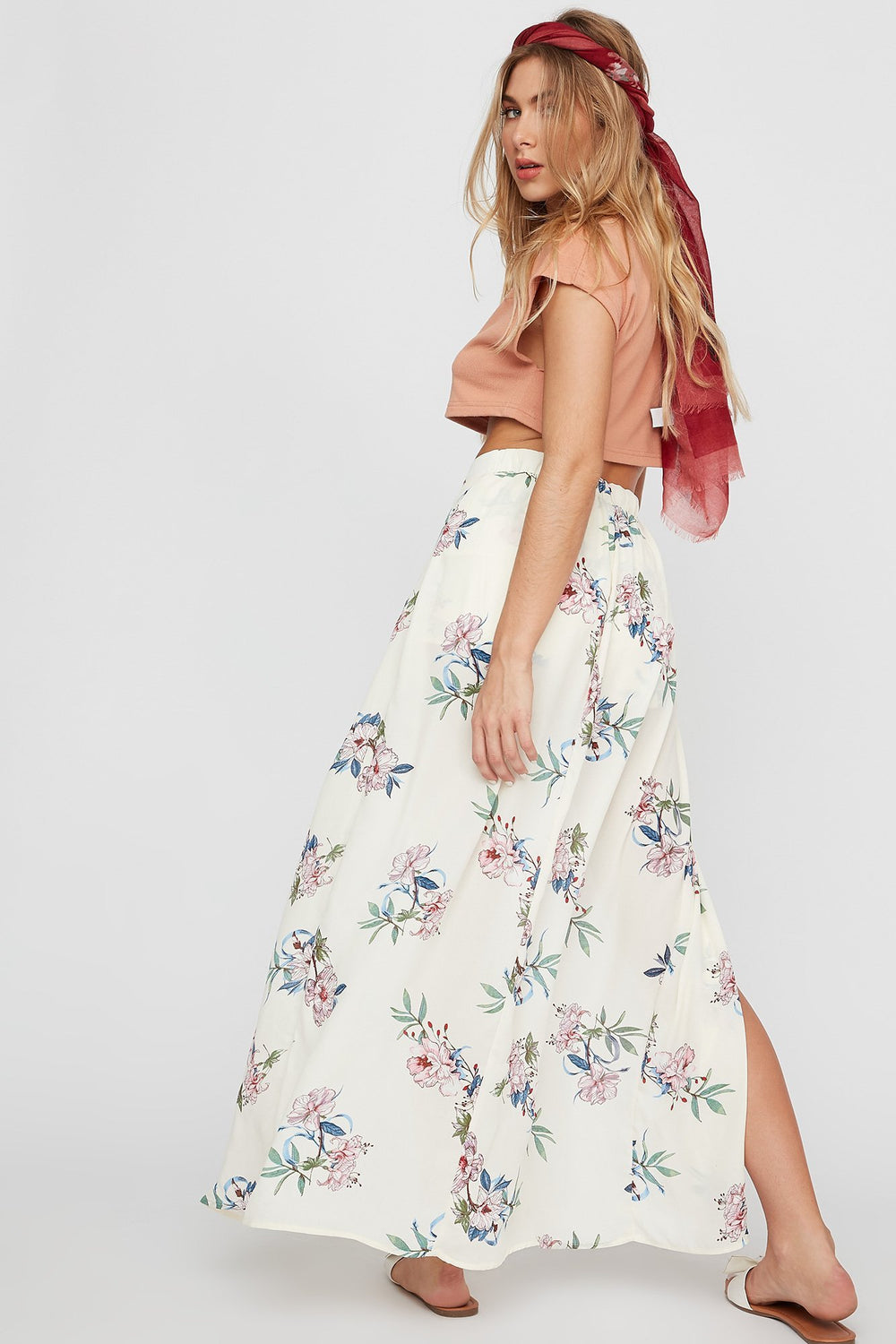 Women Combi-short fleuri à taille haute Ivoire