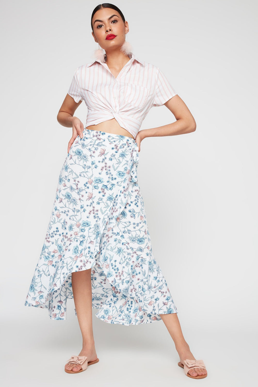 Women Jupe maxi volantée fleurie à taille haute Ivoire
