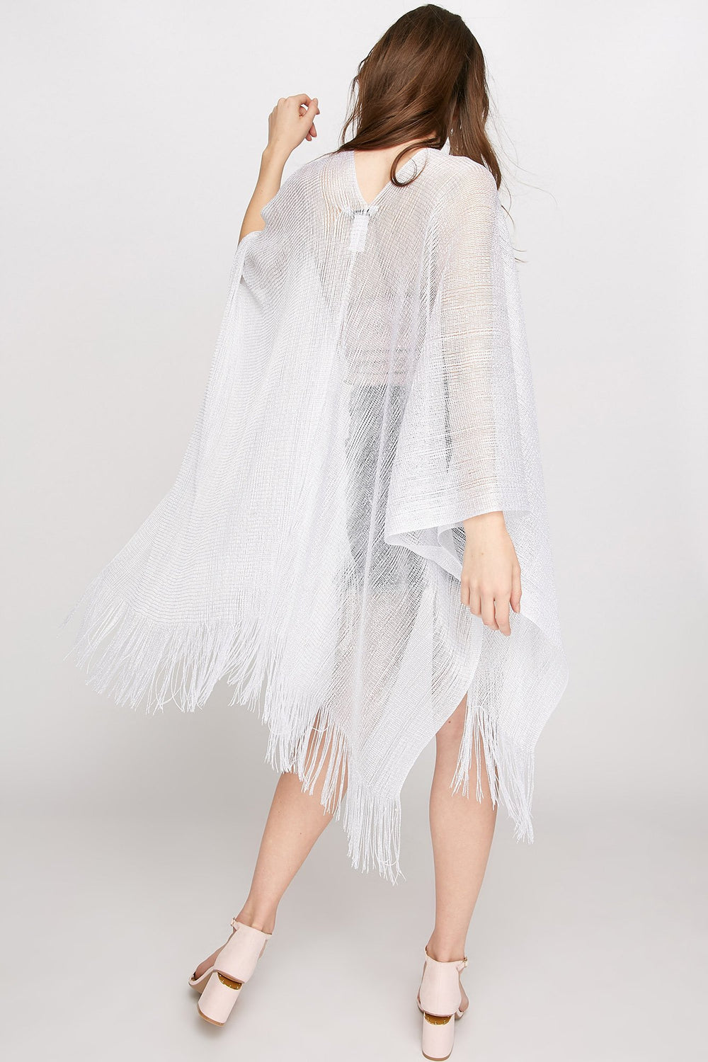 Women Kimono de plage métallisé avec franges Ivoire