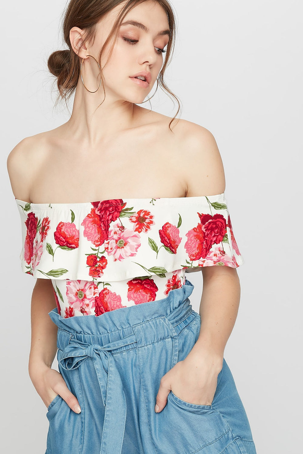 Women Maillot volanté fleuri à épaules dénudées Ivoire