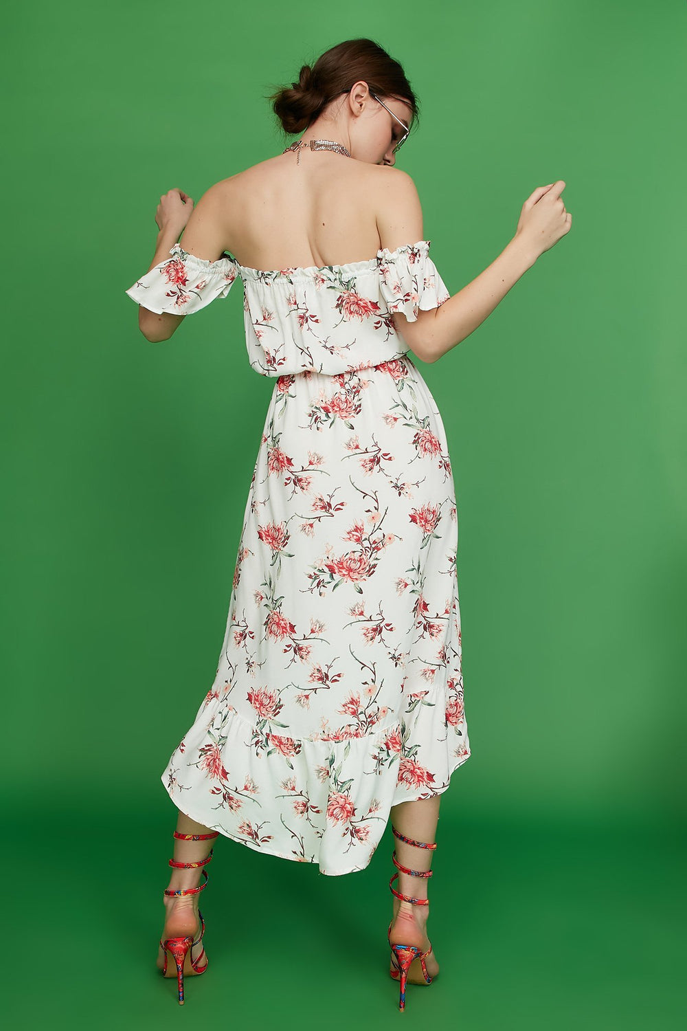 Women Robe midi asymétrique volantée à épaules dénudées et taille coulissante Ivoire